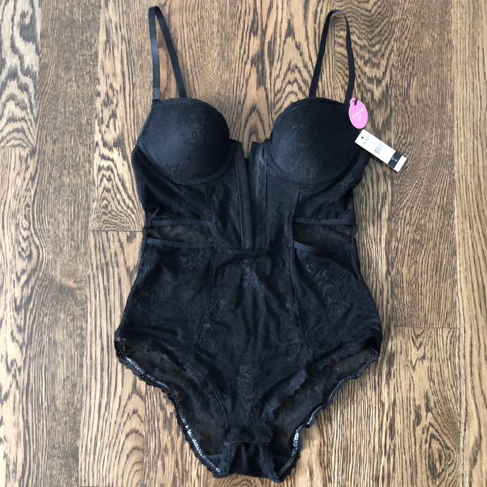Corset style black lace bodysuit, Tags attached